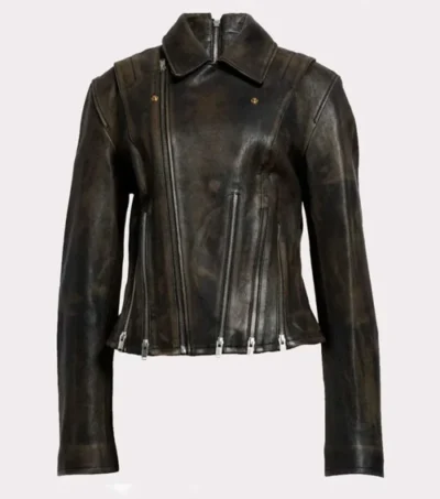Black Distressed Leather Jacket Women Multi Zipper Front