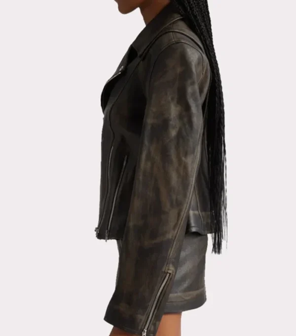 Black Distressed Leather Jacket Women Multi Zipper Side Look