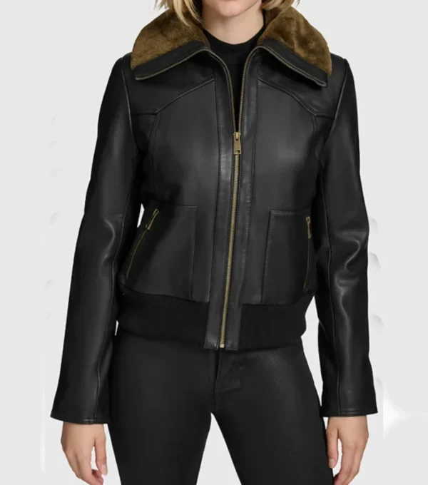 Black Leather Jacket Women Brown Fur Inner