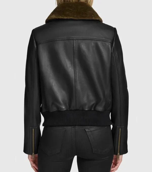 Black Leather Jacket Women Brown Fur Inner Back