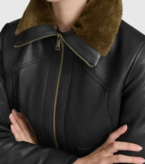 Black Leather Jacket Women Brown Fur Inner Closer