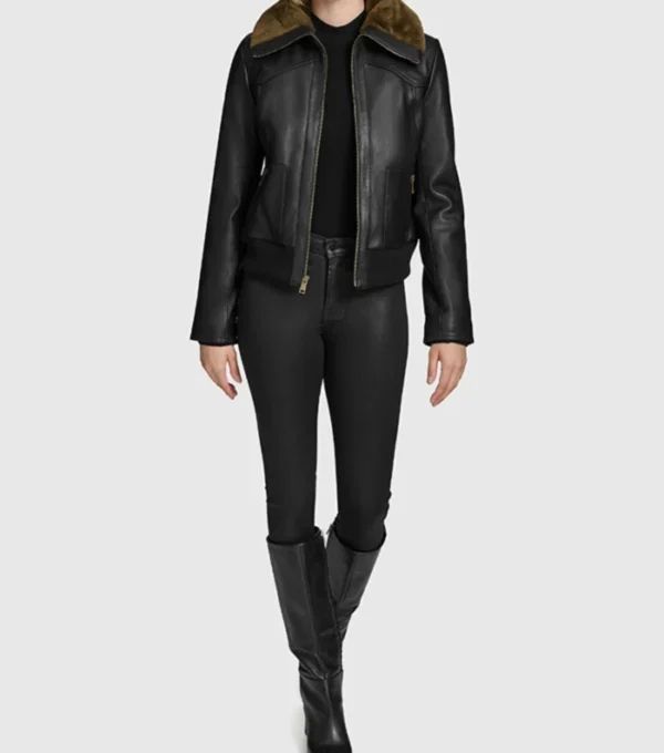 Black Leather Jacket Women Brown Fur Inner Front