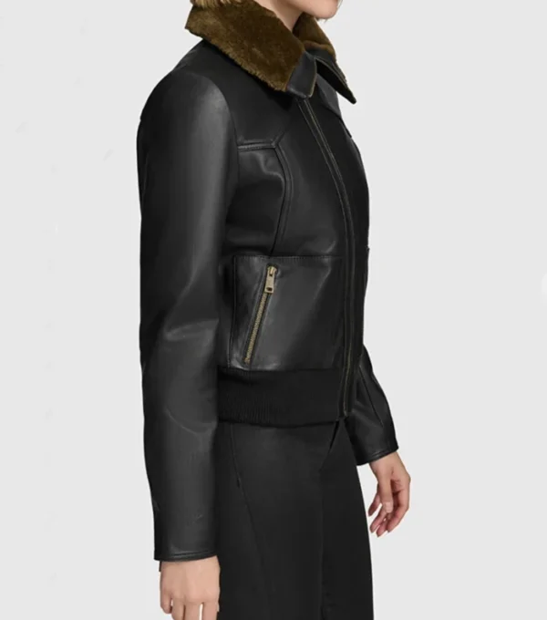Black Leather Jacket Women Brown Fur Inner Side Look