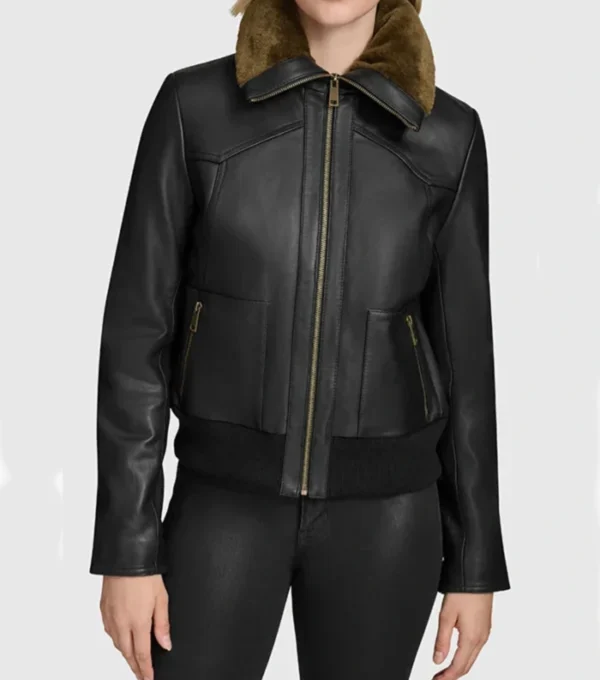 Black Leather Jacket Women Brown Fur Inner on Sale