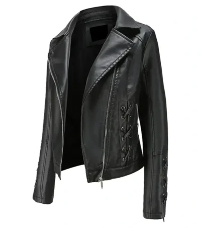 Black Leather Jacket with Lace-Up Sides Side Look