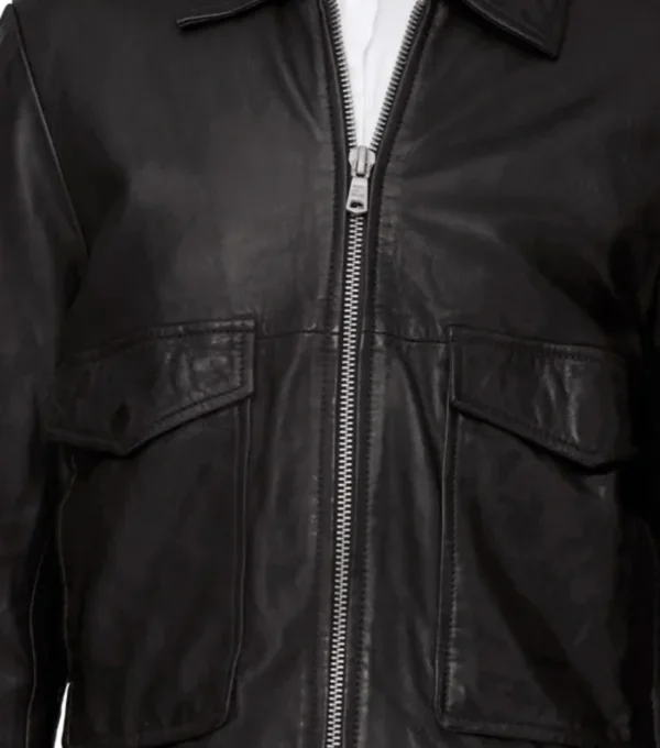 Black Leather Jacket with Two Large Pockets Closer