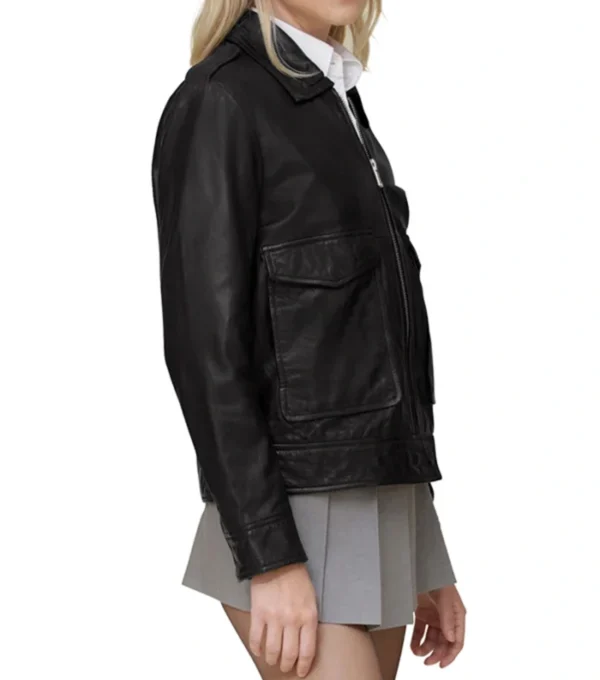 Black Leather Jacket with Two Large Pockets Side Look