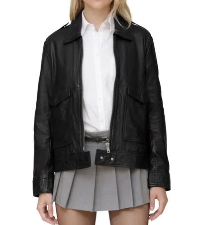 Black Leather Jacket with Two Large Pockets on Sale