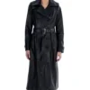 Black Leather Trench Coat with Belted Waist