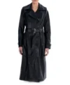 Black Leather Trench Coat with Belted Waist