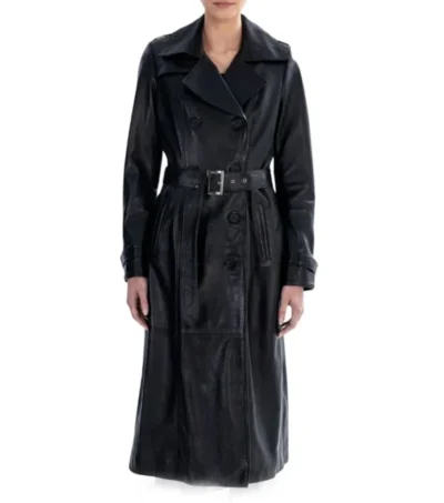 Black Leather Trench Coat with Belted Waist