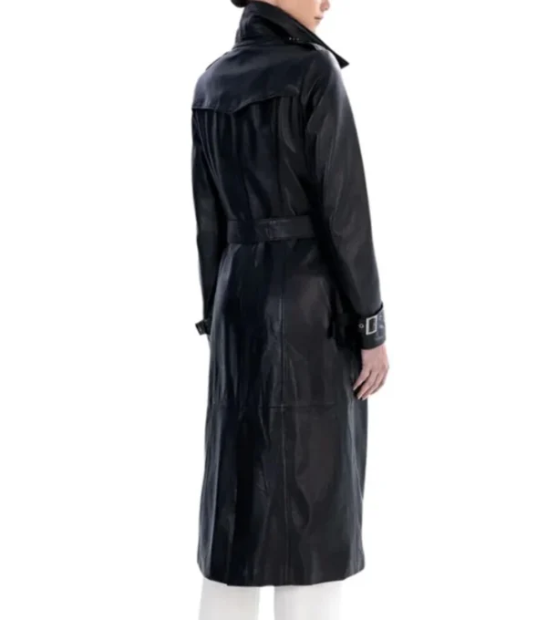 Black Leather Trench Coat with Belted Waist Back