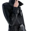 Black Leather Trench Coat with Belted Waist Collar