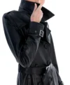 Black Leather Trench Coat with Belted Waist Collar