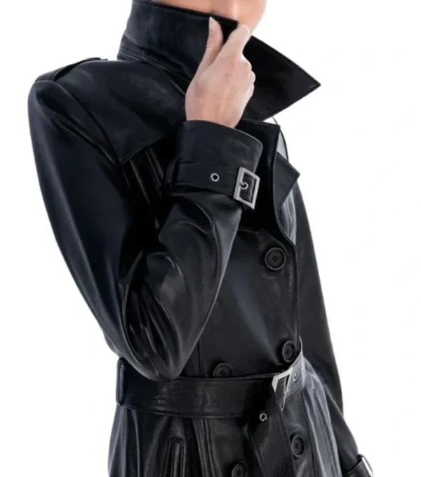 Black Leather Trench Coat with Belted Waist Collar