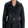 Black Leather Trench Coat with Belted Waist Front