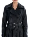 Black Leather Trench Coat with Belted Waist Front