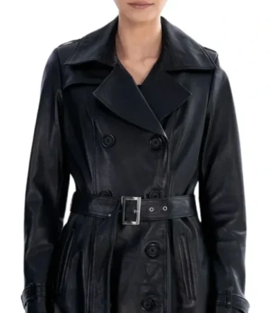 Black Leather Trench Coat with Belted Waist Front