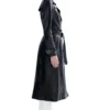 Black Leather Trench Coat with Belted Waist Side Look