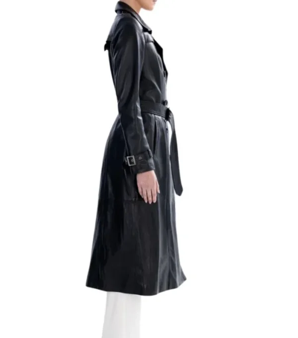 Black Leather Trench Coat with Belted Waist Side Look