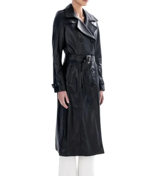 Black Leather Trench Coat with Belted Waist on Sale