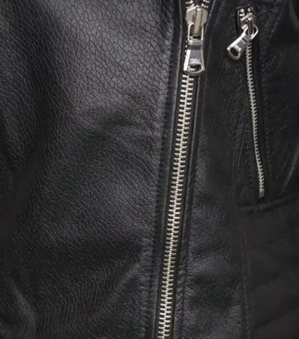 Black Quilted Leather Moto Jacket for Women Closer