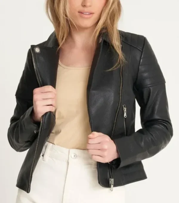 Black Quilted Leather Moto Jacket for Women Front