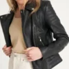 Black Quilted Leather Moto Jacket for Women Side Look