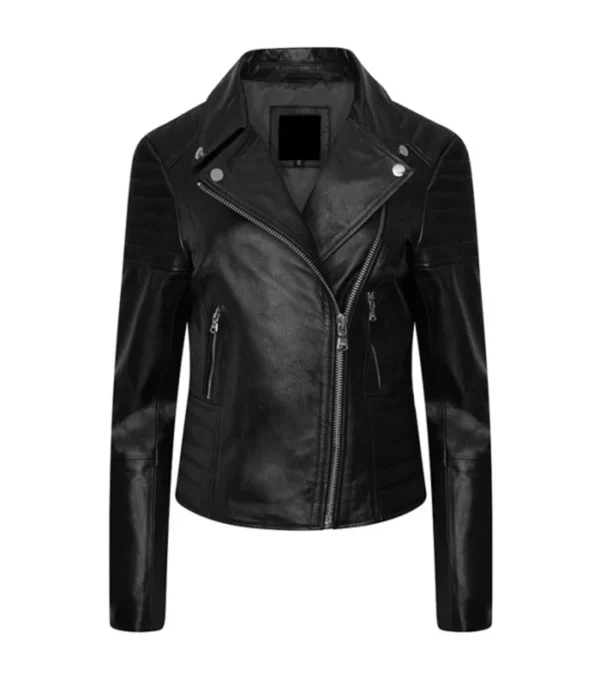 Black Quilted Leather Moto Jacket for Womens