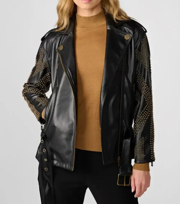 Black Studded Biker Style Belted Jacket