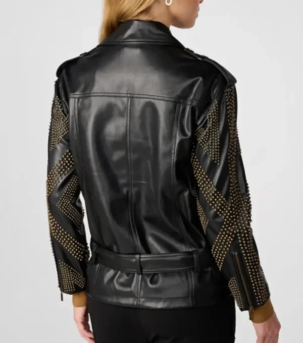 Black Studded Biker Style Belted Jacket Back