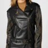 Black Studded Biker Style Belted Jacket Front
