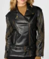 Black Studded Biker Style Belted Jacket Front