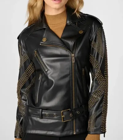 Black Studded Biker Style Belted Jacket Front
