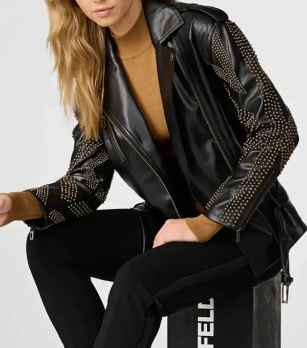 Black Studded Biker Style Belted Jacket Look