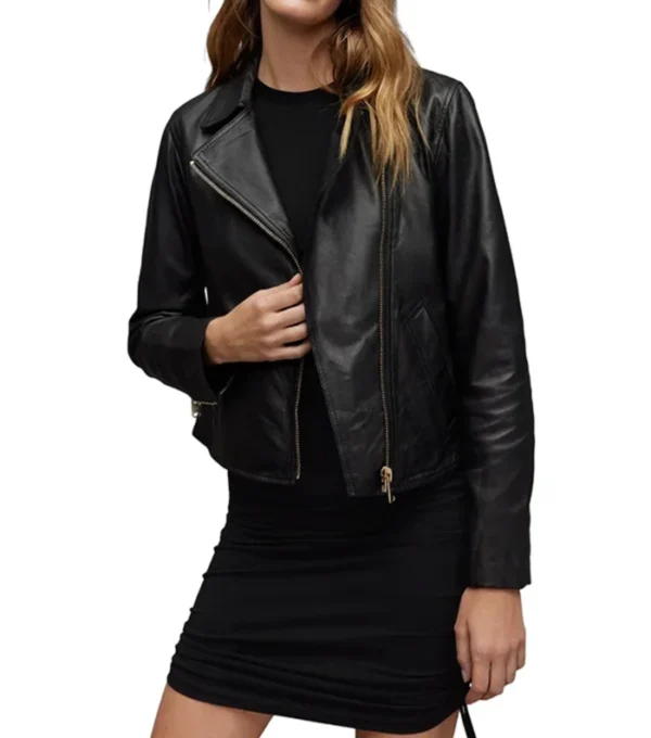 Black Women's Leather Biker Zipper Jacket