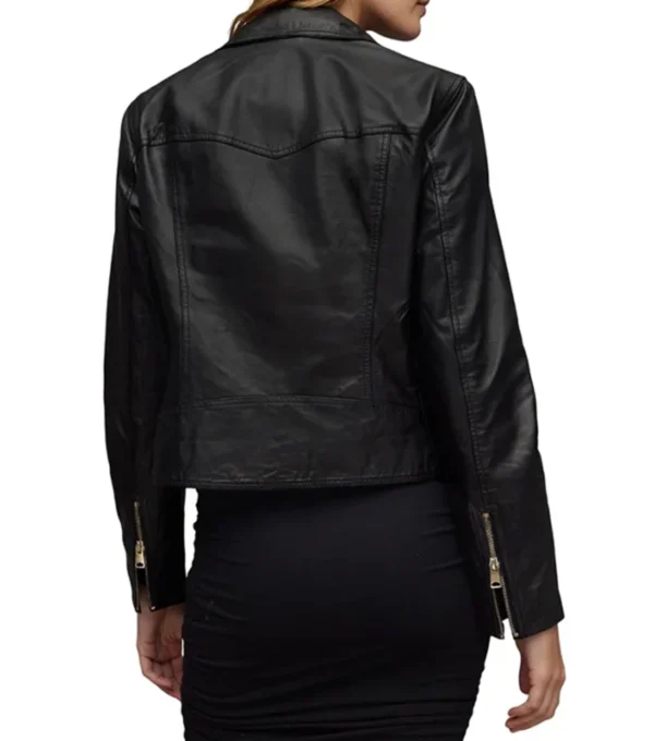 Black Women's Leather Biker Zipper Jacket Back