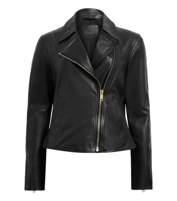 Black Women's Leather Biker Zipper Jacket Front