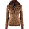 Brown Leather Jacket with Attached Hoodie
