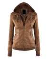 Brown Leather Jacket with Attached Hoodie