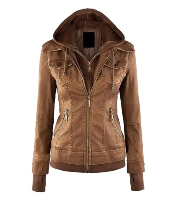 Brown Leather Jacket with Attached Hoodie