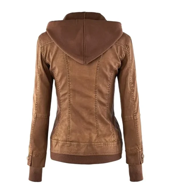 Brown Leather Jacket with Attached Hoodie Back