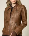 Brown Leather Jacket with Attached Hoodie Front