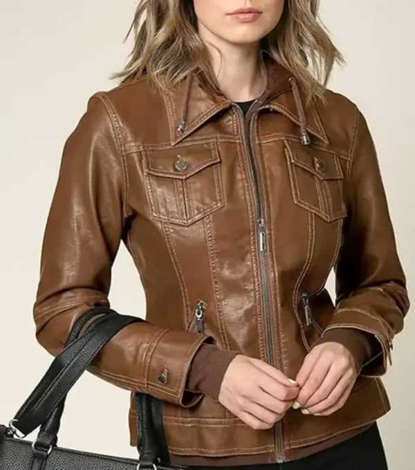 Brown Leather Jacket with Attached Hoodie on Sale