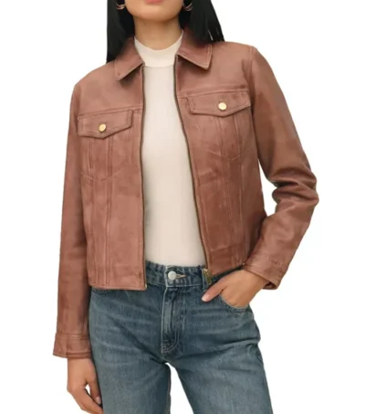 Brown Leather Trucker Jacket for Women