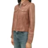 Brown Leather Trucker Jacket for Women Side Look