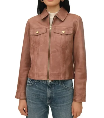 Brown Leather Trucker Jacket for Women on Sale