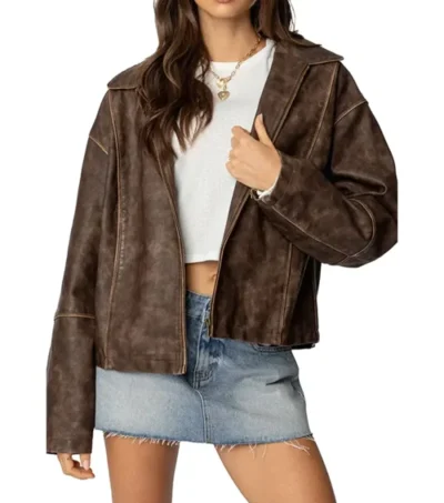 Brown Oversized Distressed Leather Jacket