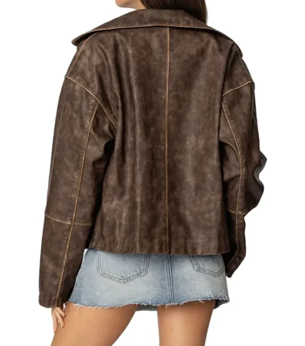 Brown Oversized Distressed Leather Jacket Back