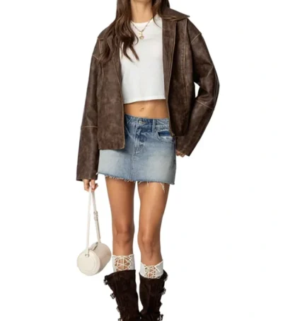 Brown Oversized Distressed Leather Jacket Front